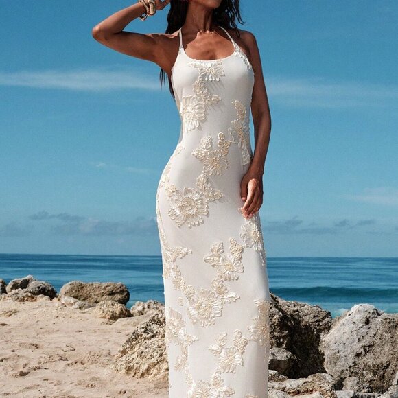 Dresses & Skirts - Apricot Elegant Women's Backless Floral Jacquard Halter Maxi Dress